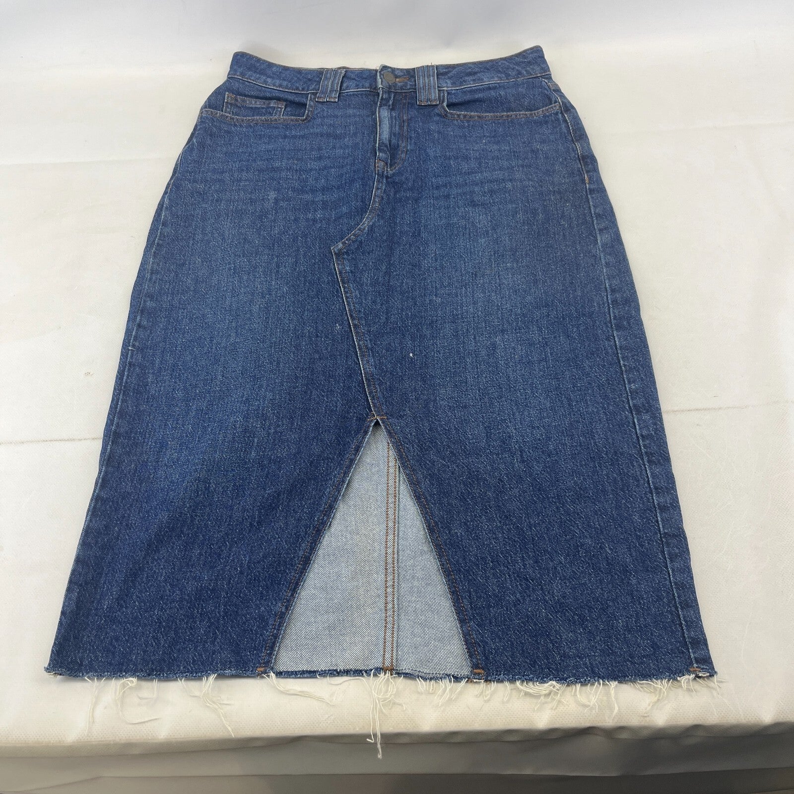 Fat Face Weston Denim Midi Skirt Cotton Festival UK 12 Dark Blue with Hem Fray
