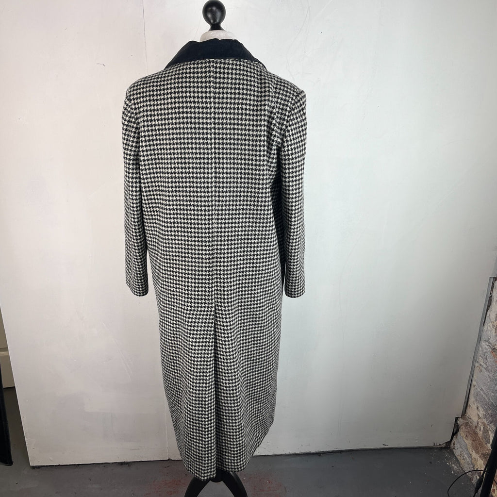 Vtg Kashmoor of London Wool Blend Long Overcoat UK 16 Black/White Houndstooth