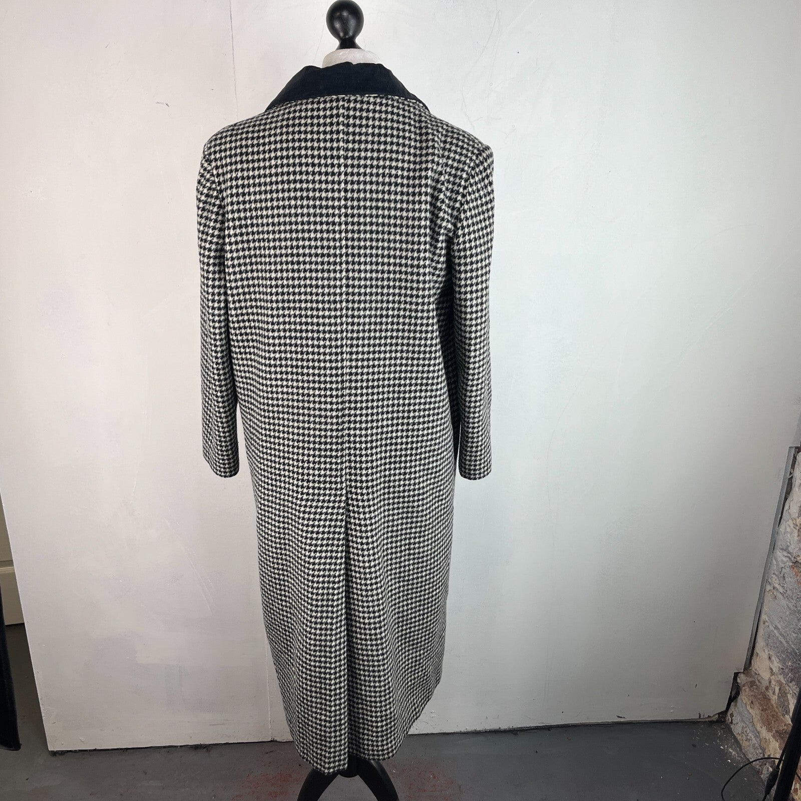 Vtg Kashmoor of London Wool Blend Long Overcoat UK 16 Black/White Houndstooth