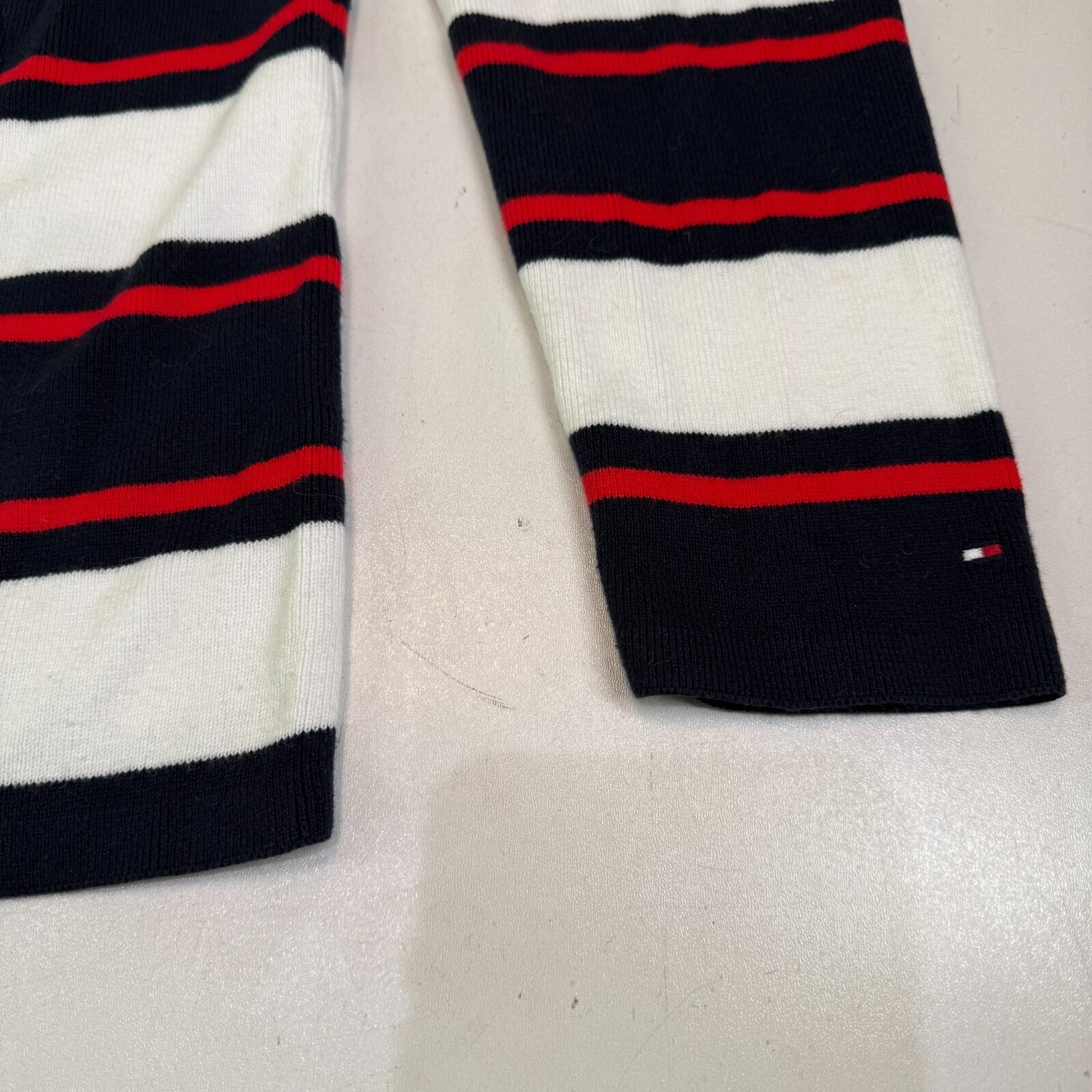 Tommy Hilfiger Lightweight Cotton Jumper Black/Red/White Striped Large Slim Fit