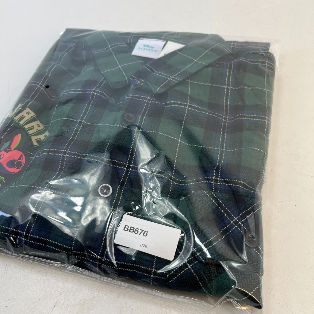 Disney Lilo & Stitch Mens "Stay Weird" Button Up Shirt Check Green Frayed Hem M