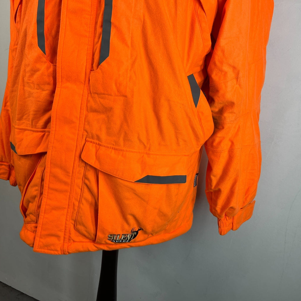 Cabelas Fluorescent Orange Softshell Chore Coat Warm Jacket with Hood size Large