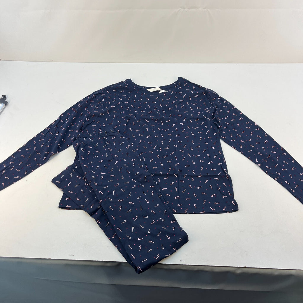 M&S Ladies Pyjama Set UK M 12-14 Navy Candy Cane Long Leg Long Sleeve Xmas BNWT
