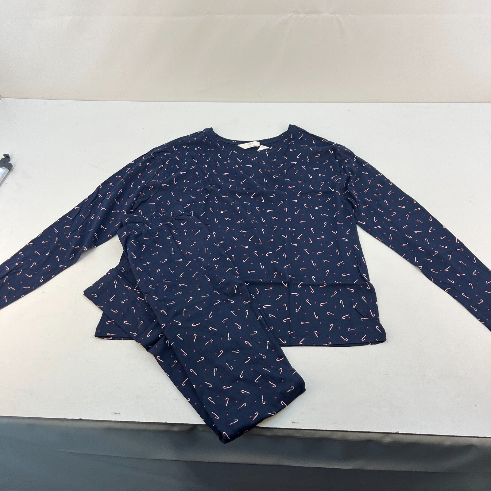 M&S Ladies Pyjama Set UK M 12-14 Navy Candy Cane Long Leg Long Sleeve Xmas BNWT