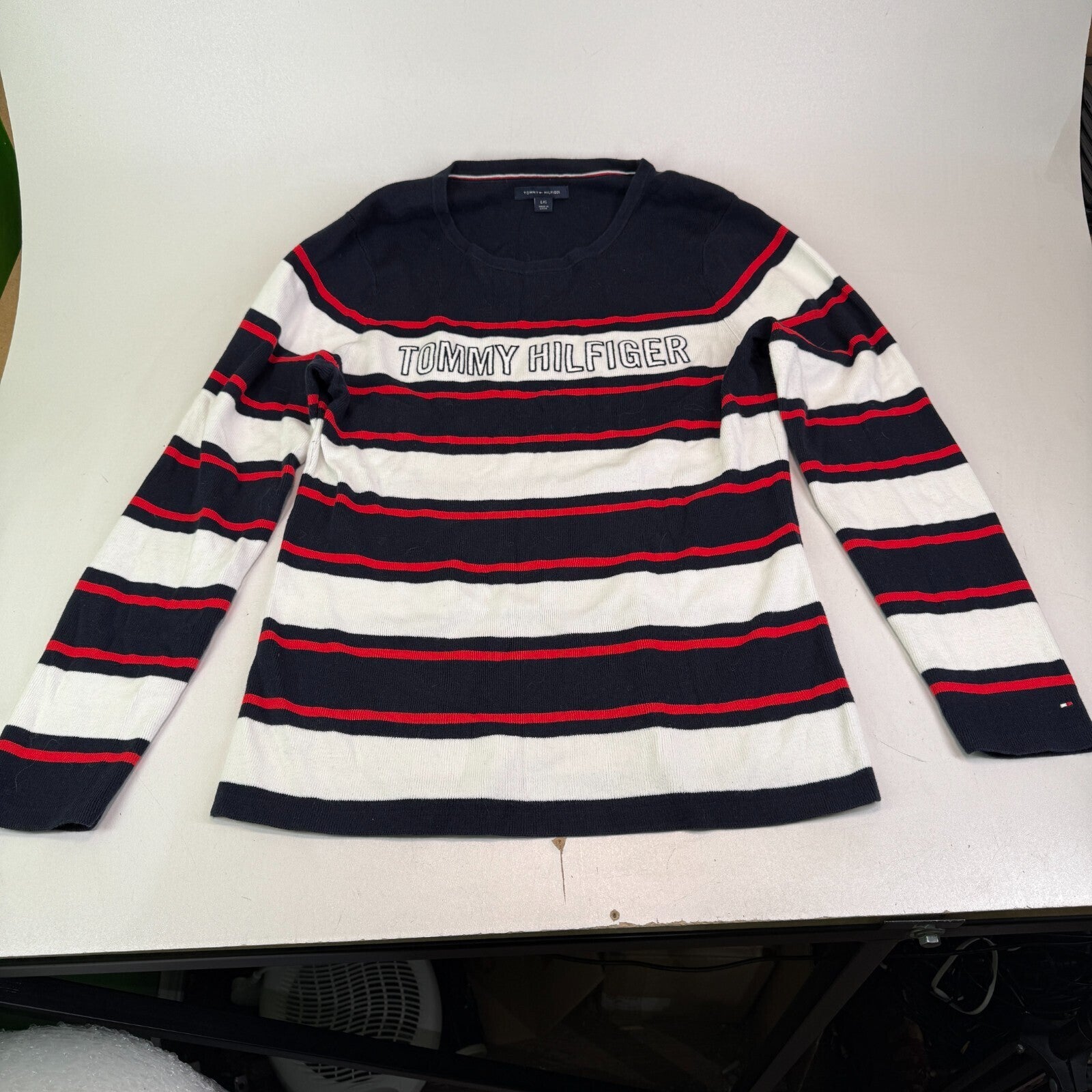 Tommy Hilfiger Lightweight Cotton Jumper Black/Red/White Striped Large Slim Fit