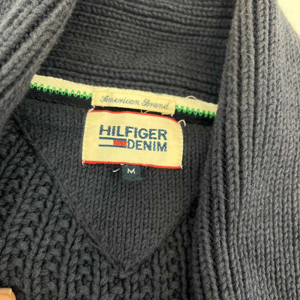 Tommy Hilfiger Hooded Cable Knit Cardigan Chunky Jumper Navy Blue - Size M