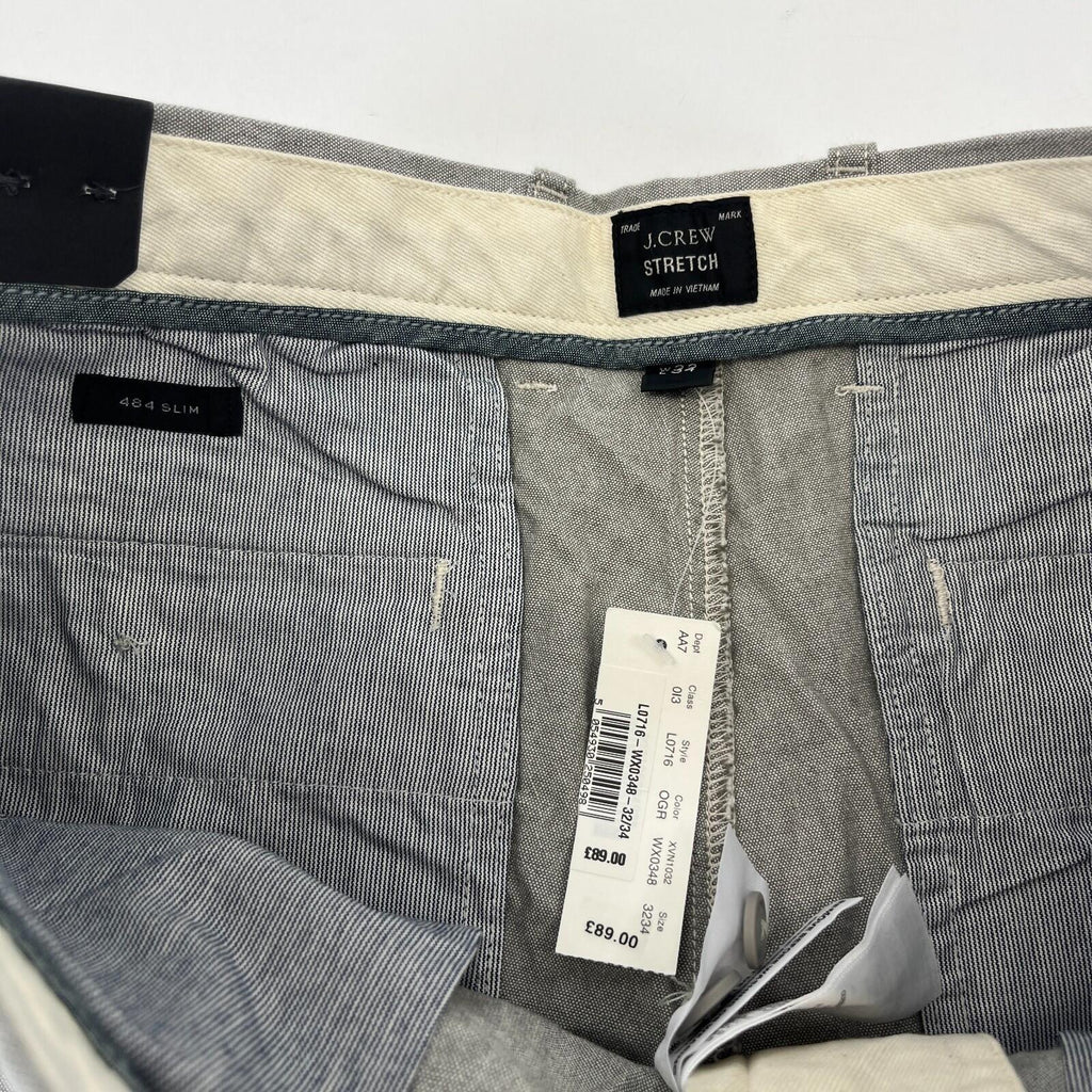 J Crew 484 Slim Fit Stretch Chino Trousers Light Grey W32" L34" New with Tags