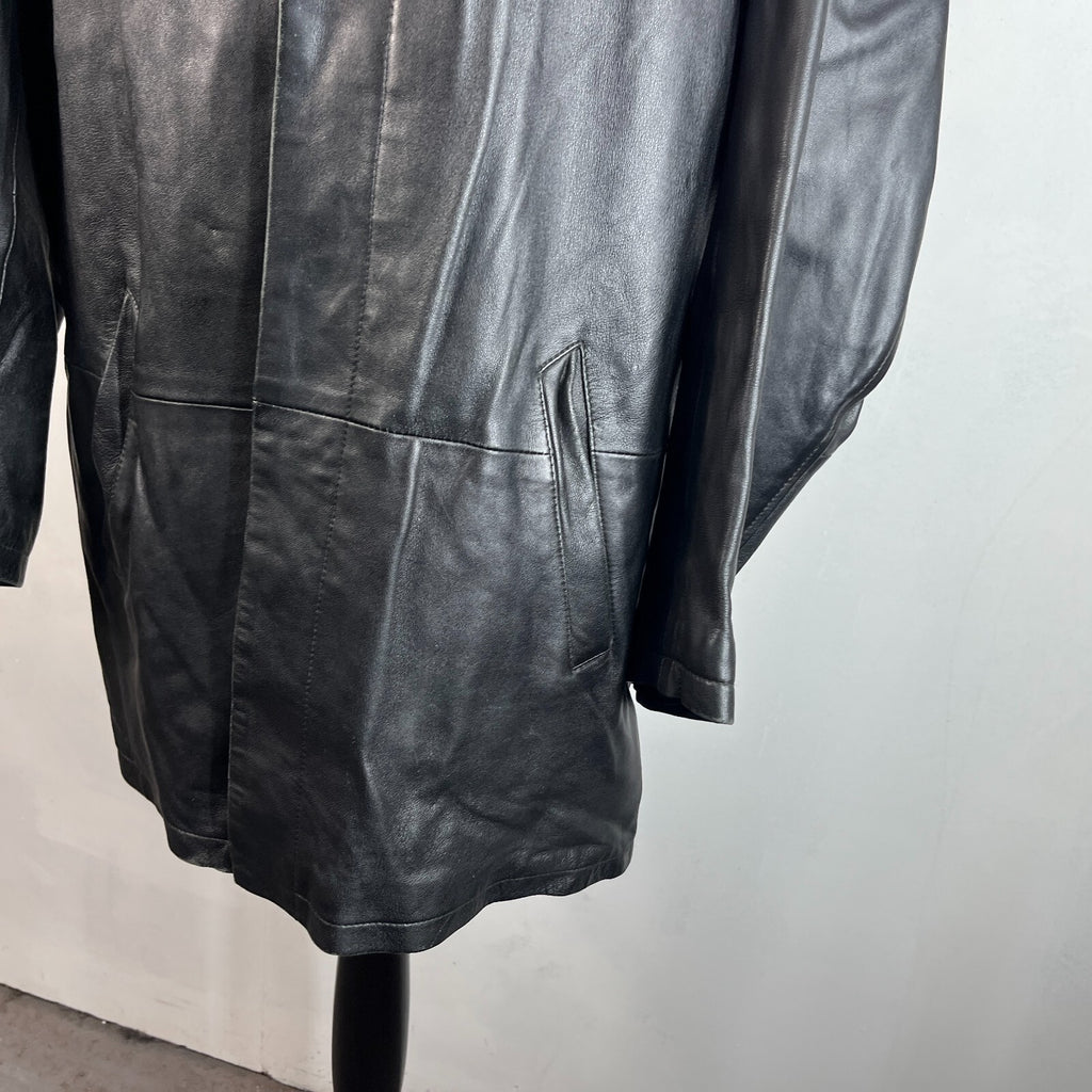 CG Collections Men's Leather Overcoat Jacket Black size Large Spread Collar