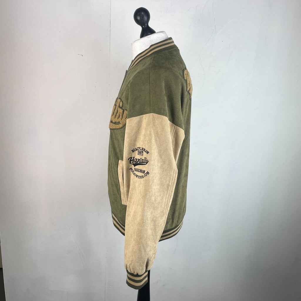 Women's Flock Varsity Jacket 80s College Style Green & Beige size XL
