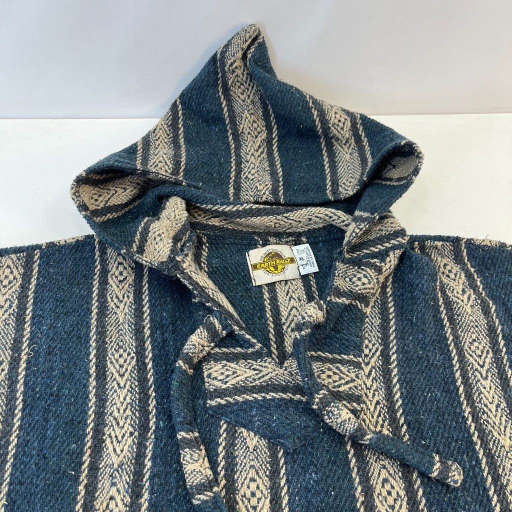 Genuine Earth Ragz Mexican Baja Hoodie Pullover Hippie Festival Blue Stripe XL