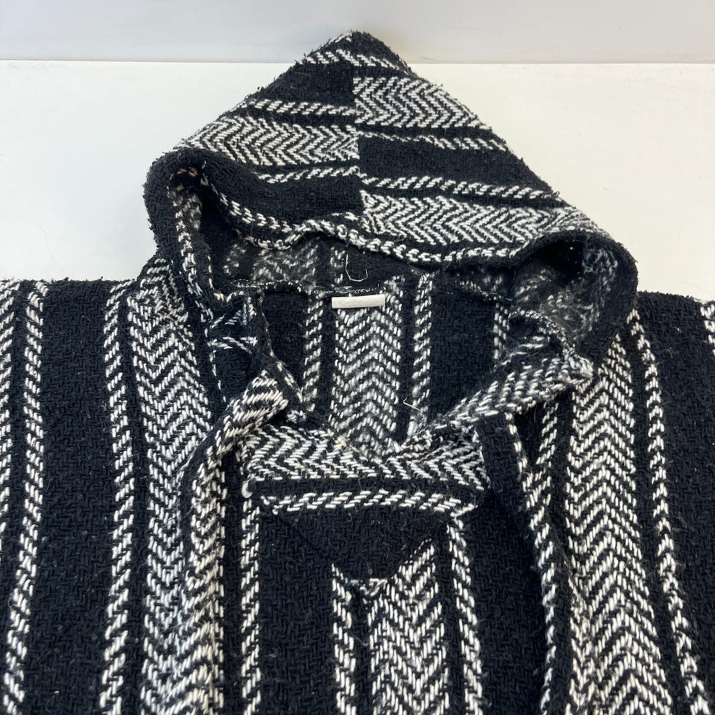 Genuine Mexican Baja Hoodie Pullover Hippie Festival White/Black Stripe size S