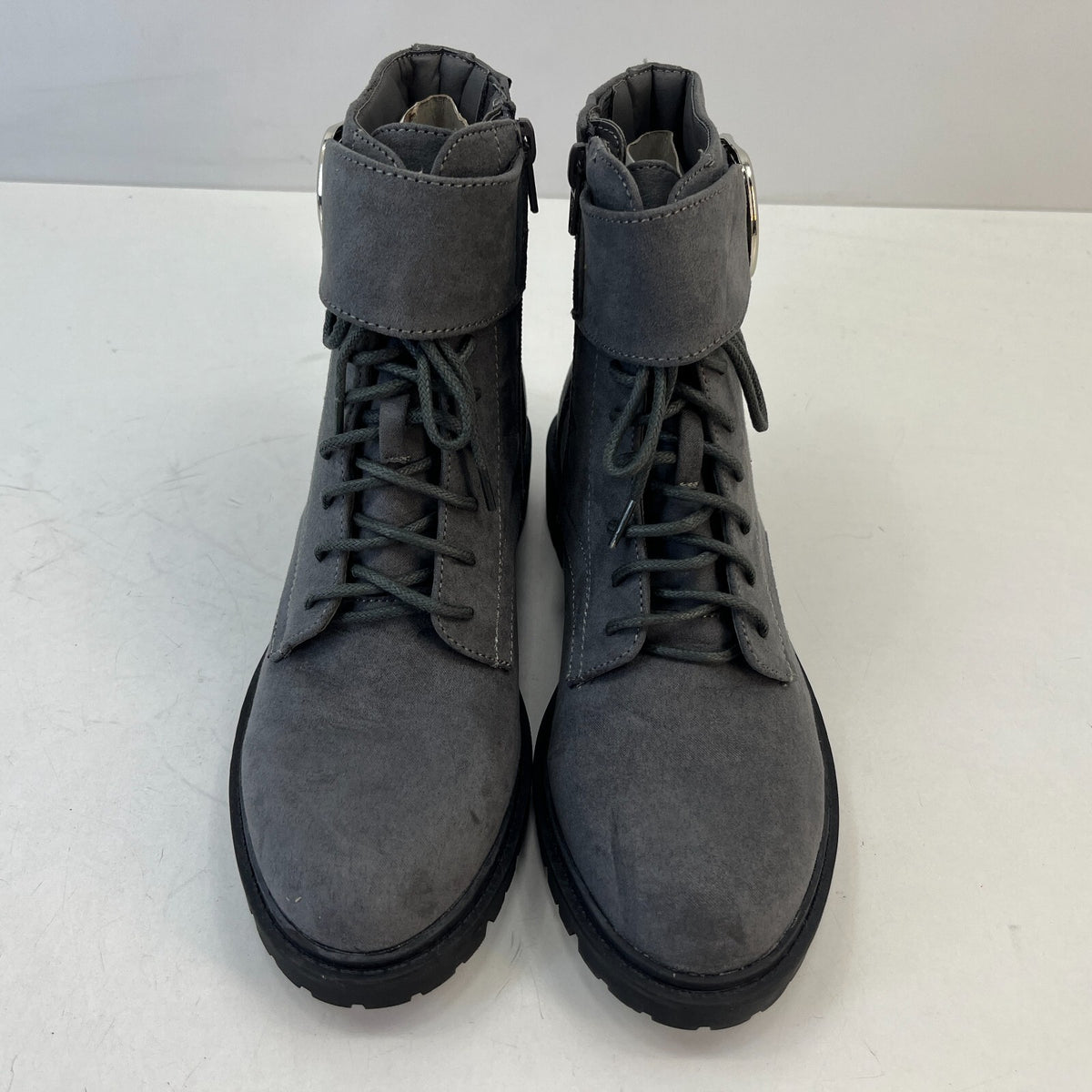 M&S Women’s Vegan Faux Suede Round Toe Ankle Boots Block Heel Side Zip Grey UK 4