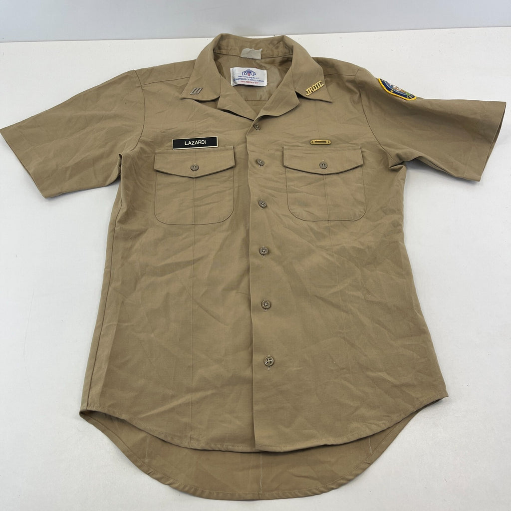 US Navy JROTC Khaki Brown Shirt with Badges size Small