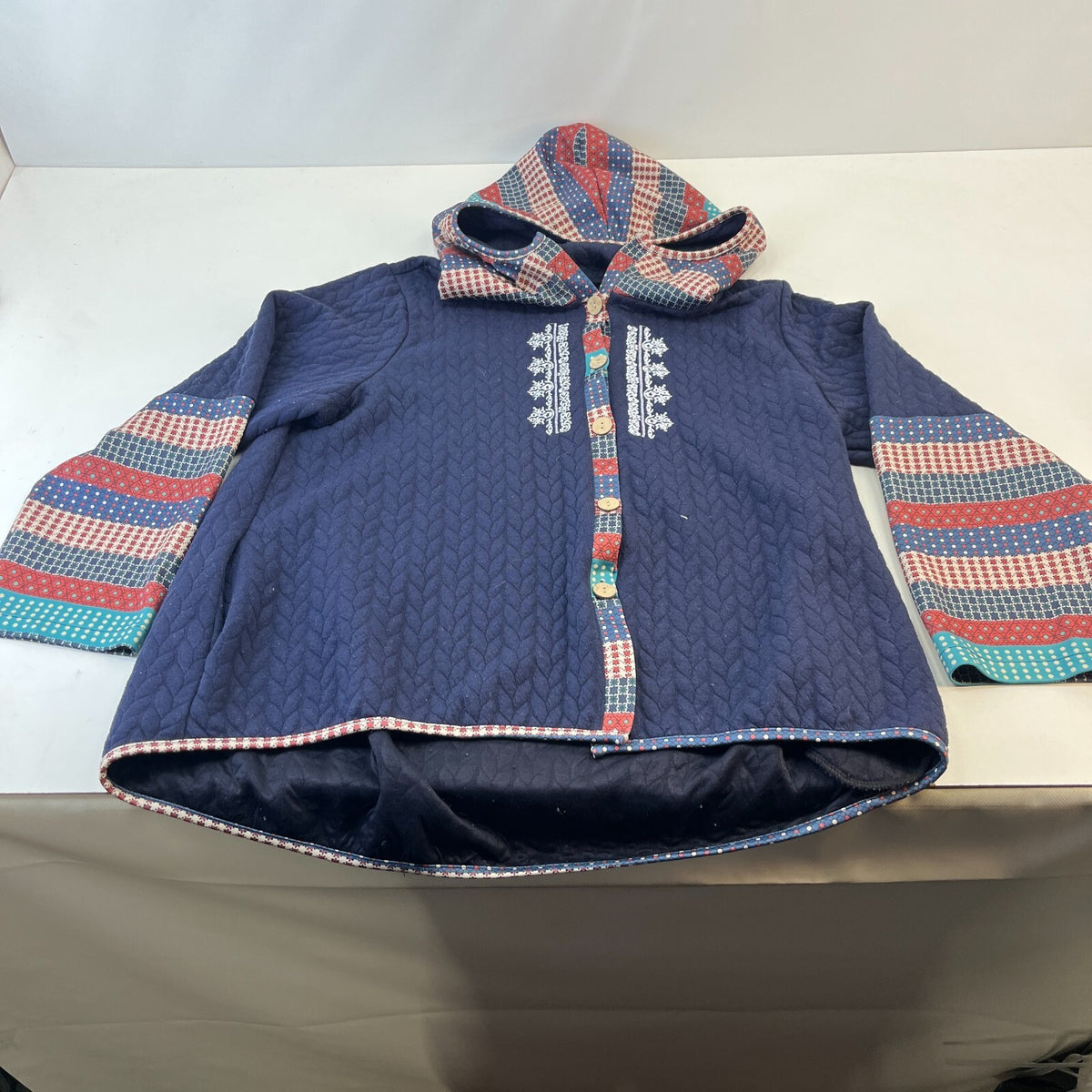 Traditional Chinese Women's Hooded Cardigan Navy Blue Wide Sleeve size XL