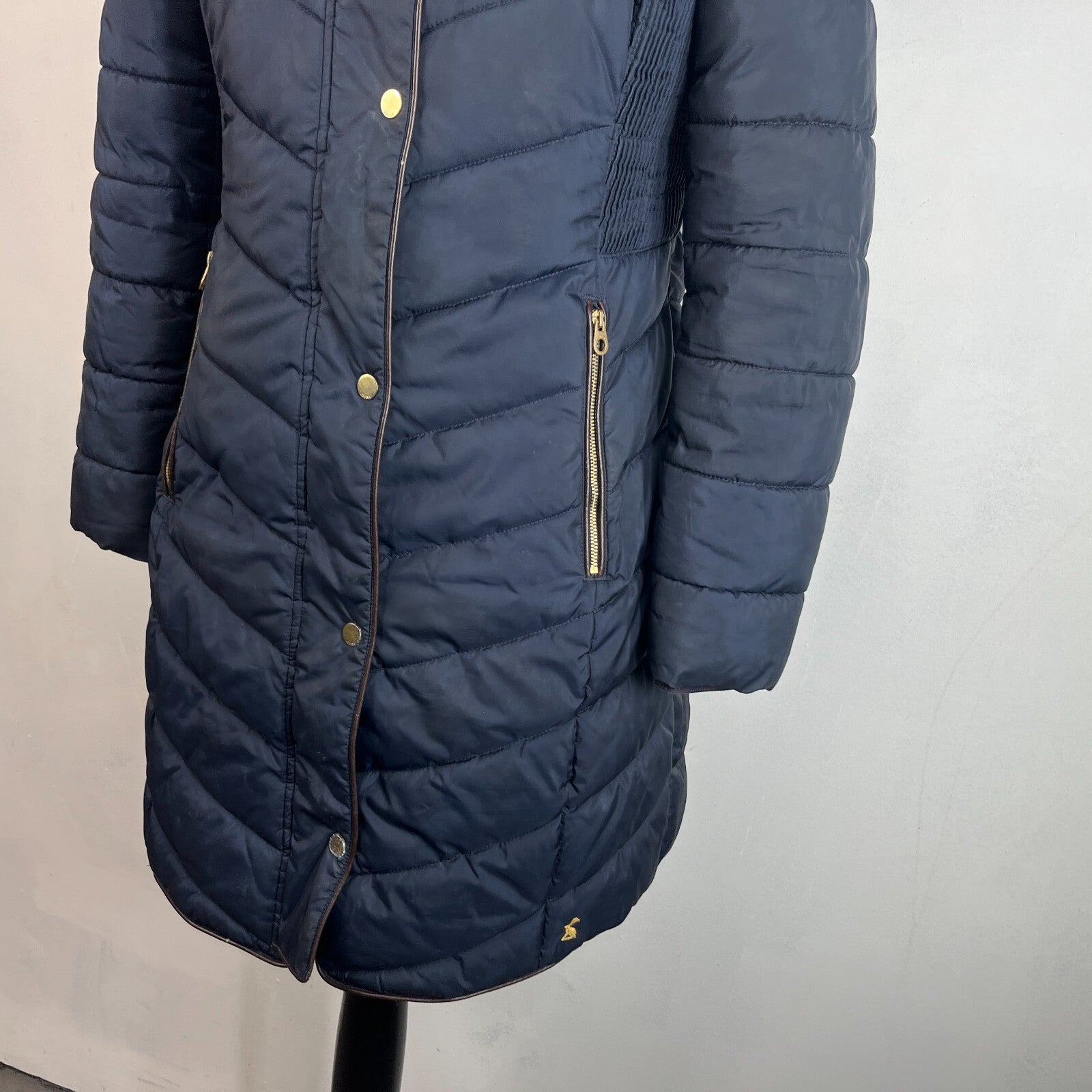 Joules Warm Welcome Long Quilted Jacket Navy Blue with Faux Fur Fringe size 14