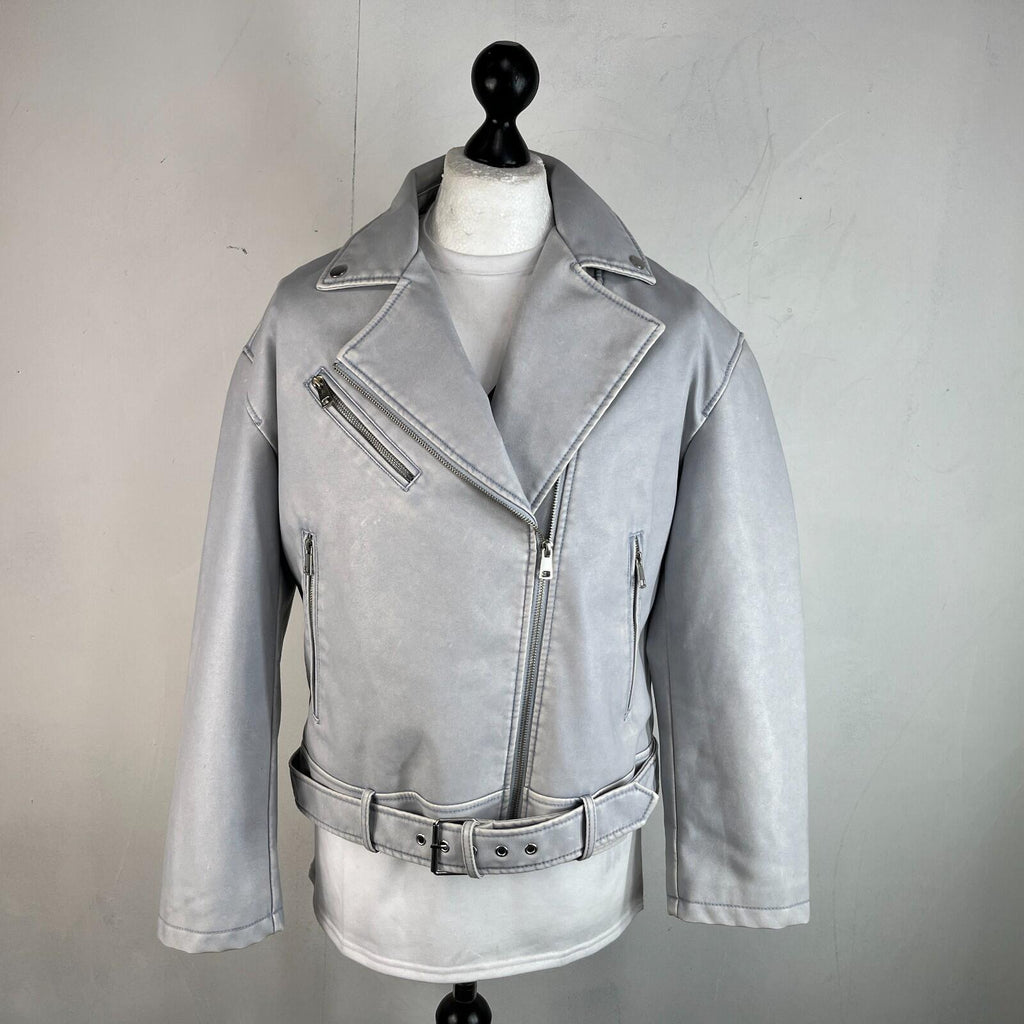 Rita Ora Light Grey Faux Leather Biker Jacket with Belt size 10/12