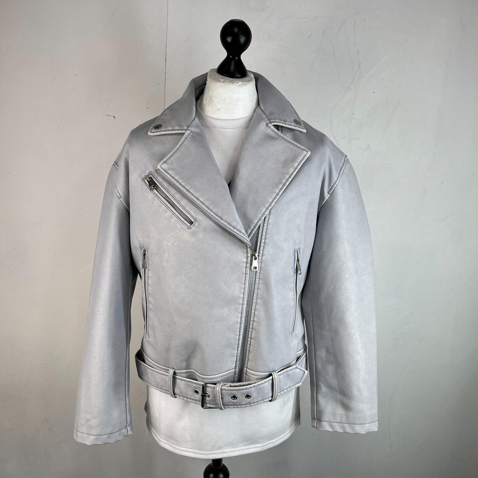 Rita Ora Light Grey Faux Leather Biker Jacket with Belt size 10/12