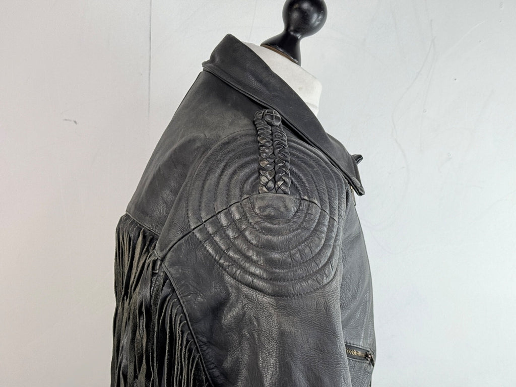 Vintage Difi of Germany Tasselled Leather Jacket Black Cruiser Cafe Racer UK 42