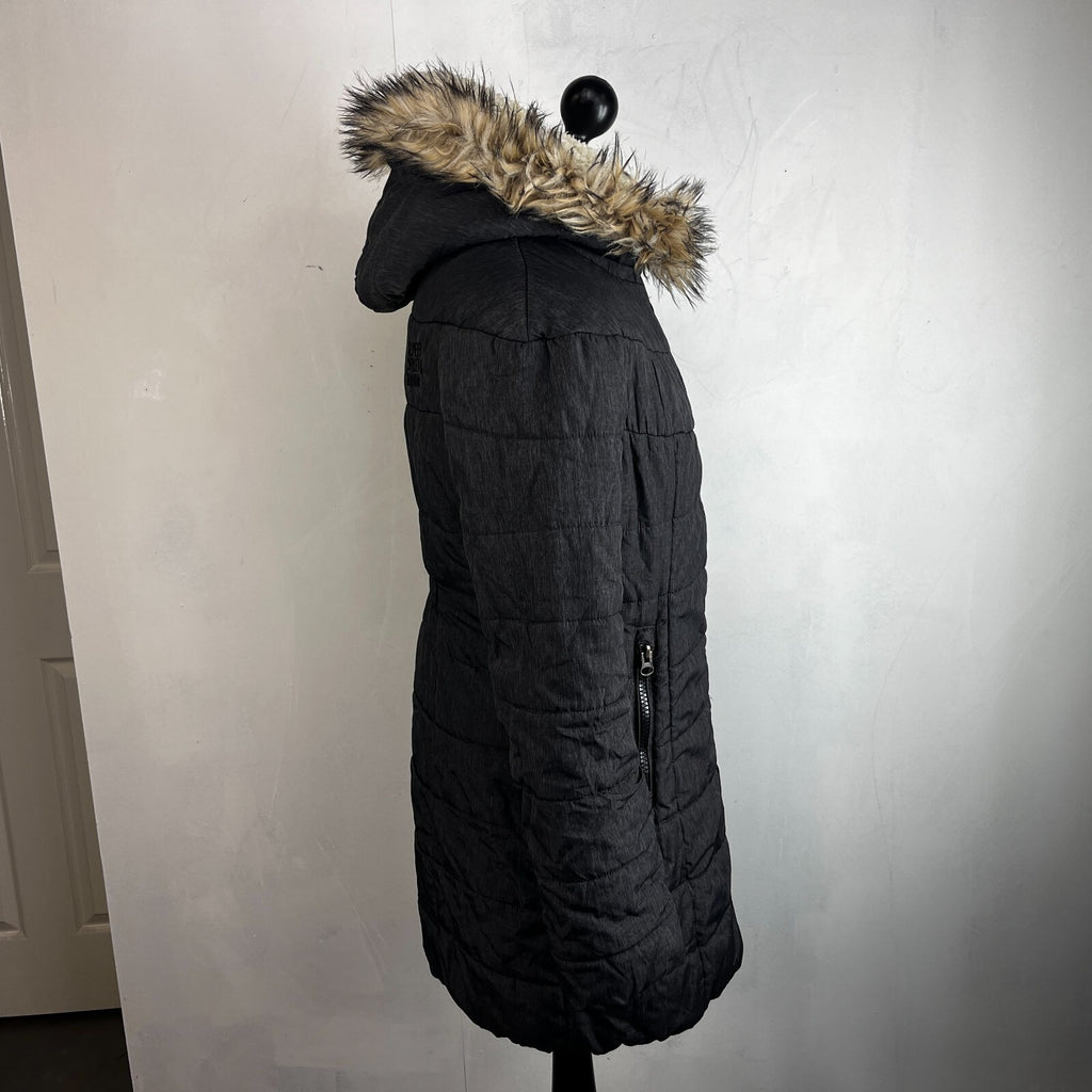 Superdry Mountain Co Mid Faux Fur Puffer - Size XL Grey Hooded  Coat