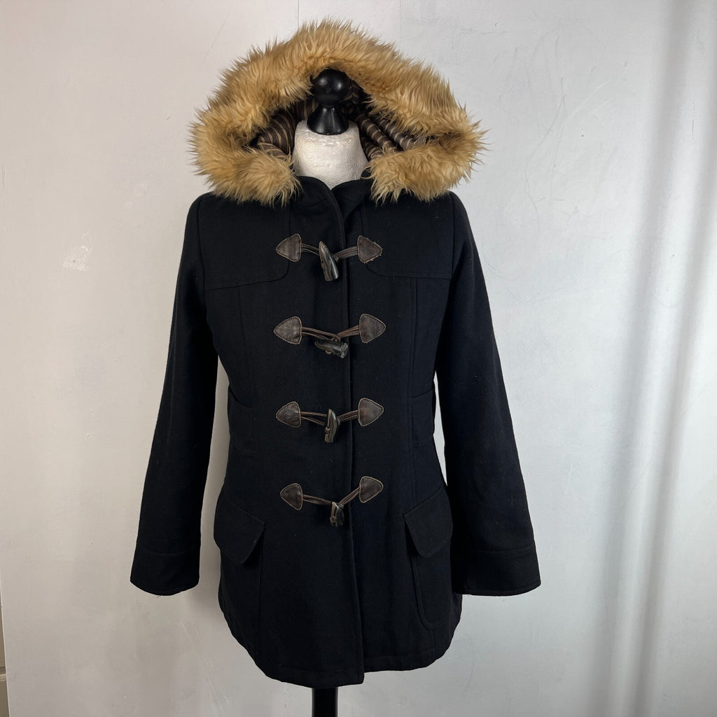 American Eagle Women's Black Duffle Parka Coat Hooded Faux Fur Trim size L