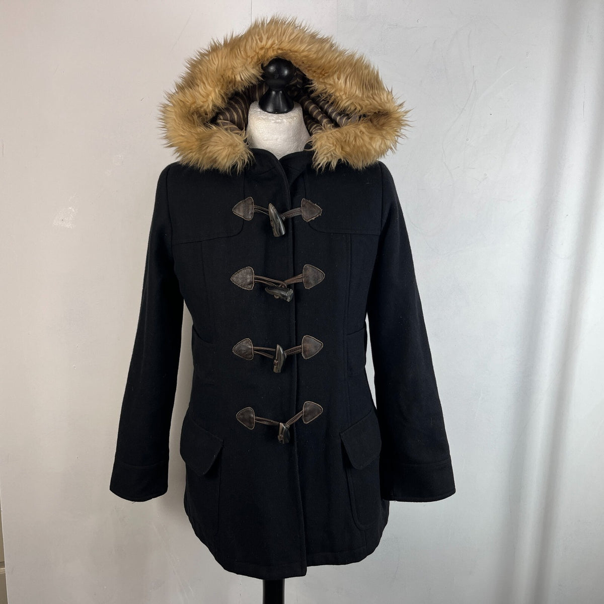 American Eagle Women's Black Duffle Parka Coat Hooded Faux Fur Trim size L