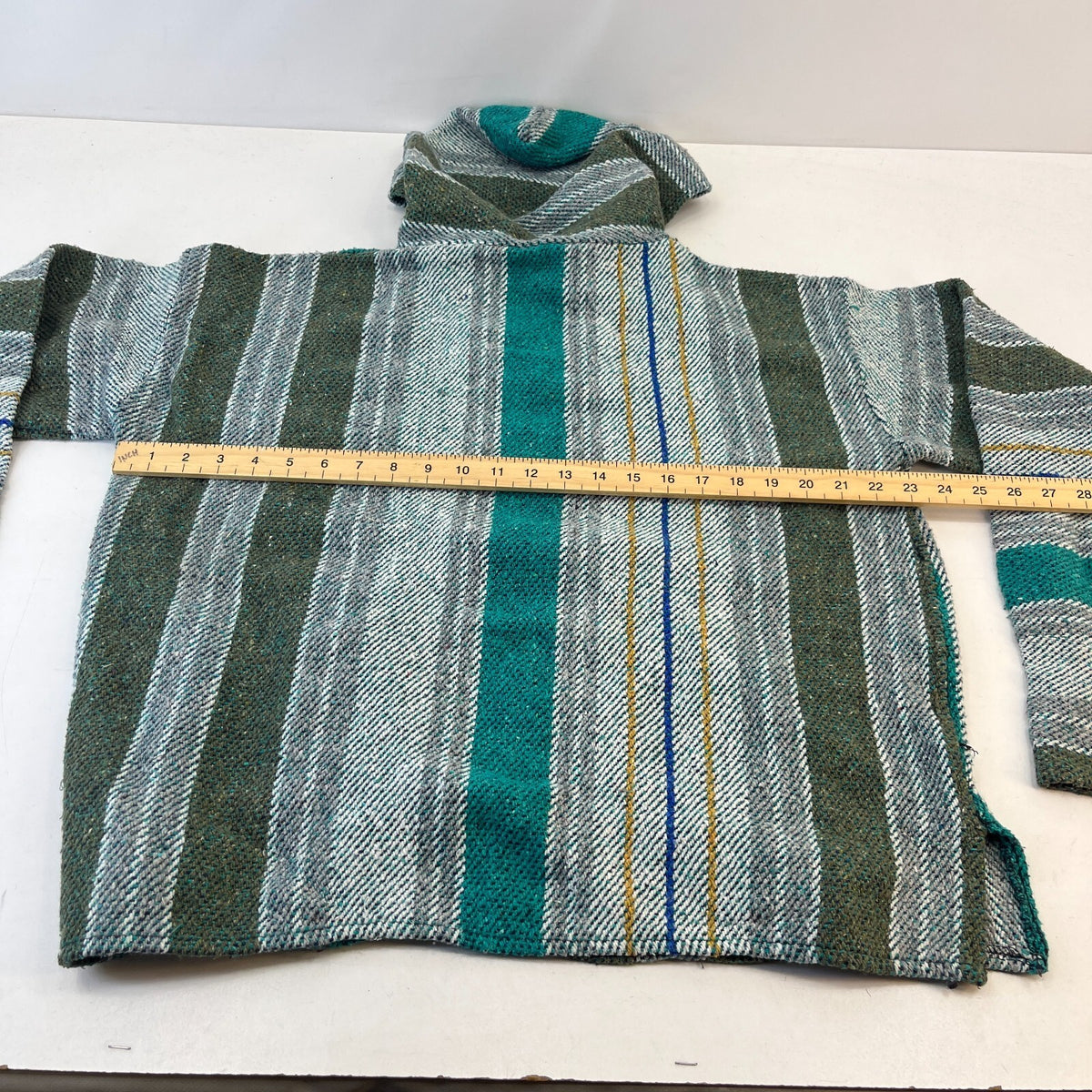 Genuine Mexican Baja Hoodie Pullover Hippie Festival Green Stripe UK size L