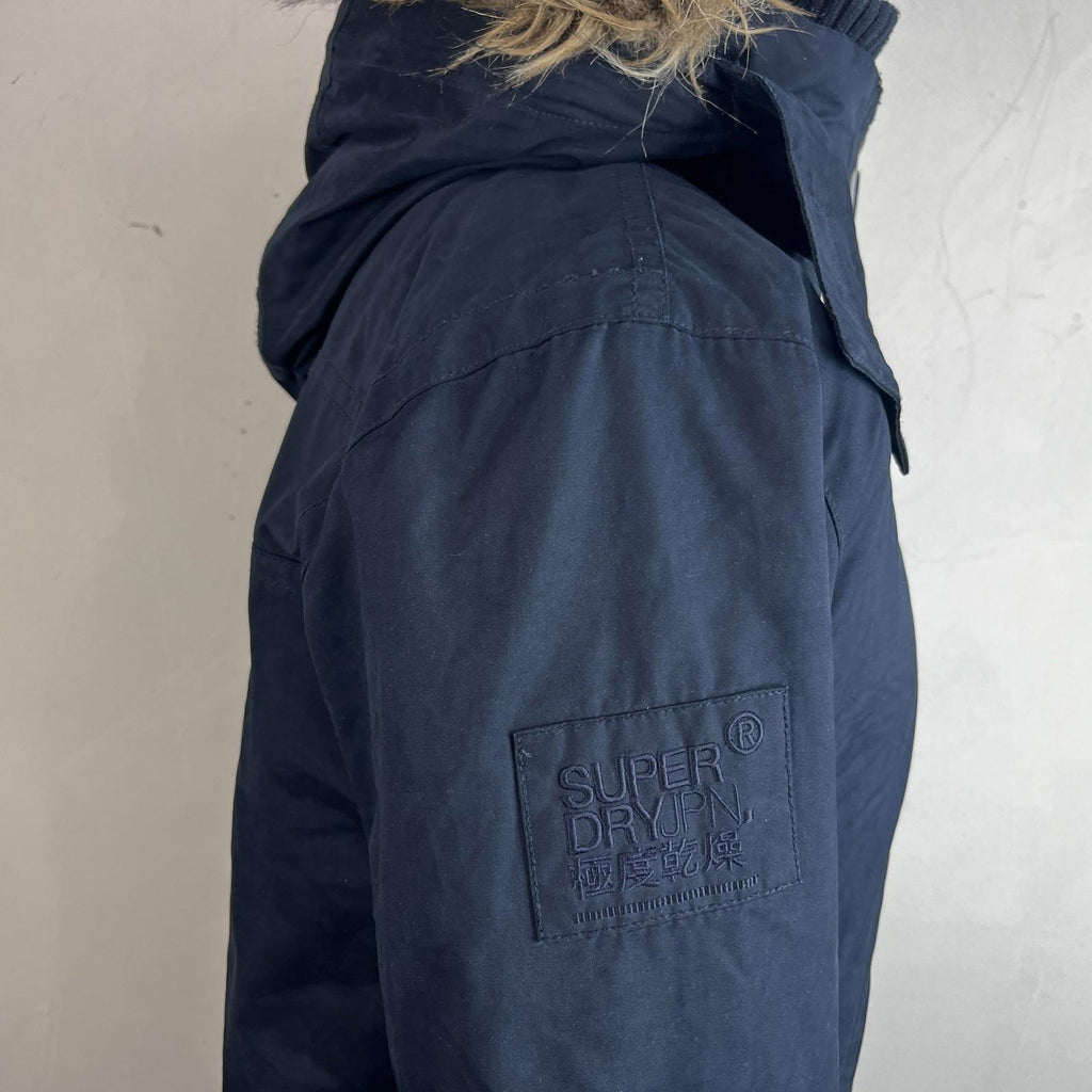 SuperDry Mens Windbomber Bomber Jacket size Large Hooded in Navy Blue Microfibre