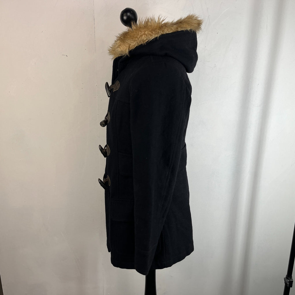 American Eagle Women's Black Duffle Parka Coat Hooded Faux Fur Trim size L