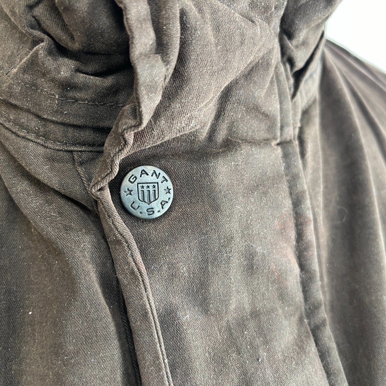 Gant Waxed Cotton Blend Field Jacket Wax Cord Collar Dark Brown Mens Large