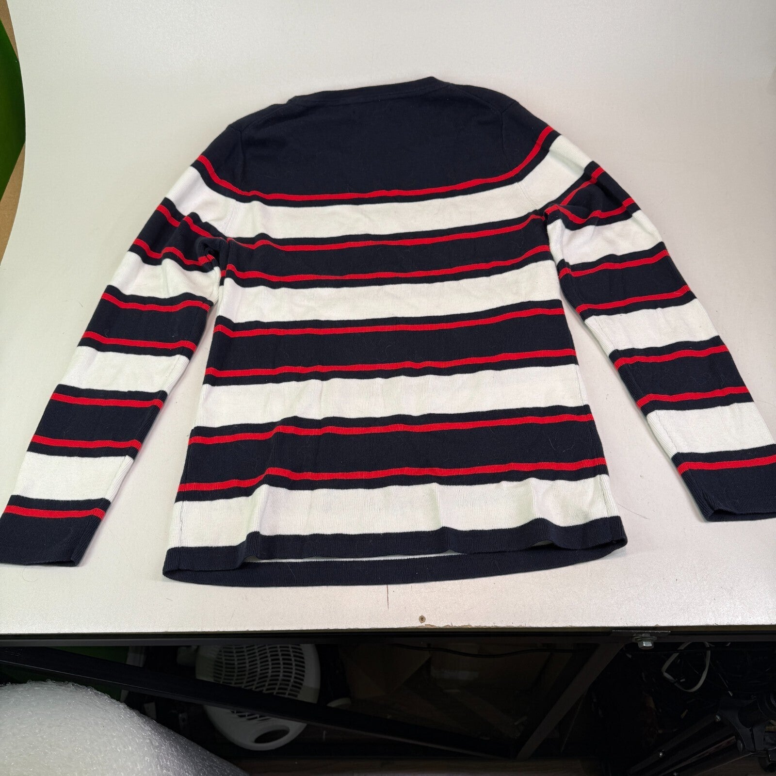 Tommy Hilfiger Lightweight Cotton Jumper Black/Red/White Striped Large Slim Fit