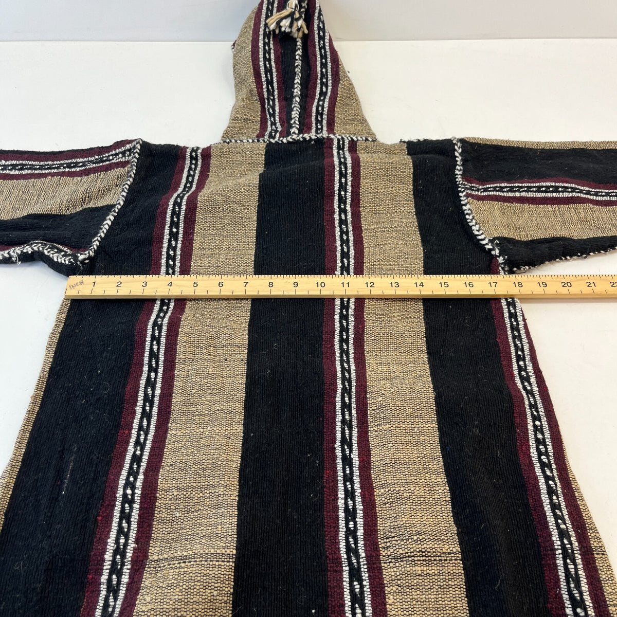Mexican Baja Tie Front Hoodie Childrens size Large Black/Beige Striped Hooded
