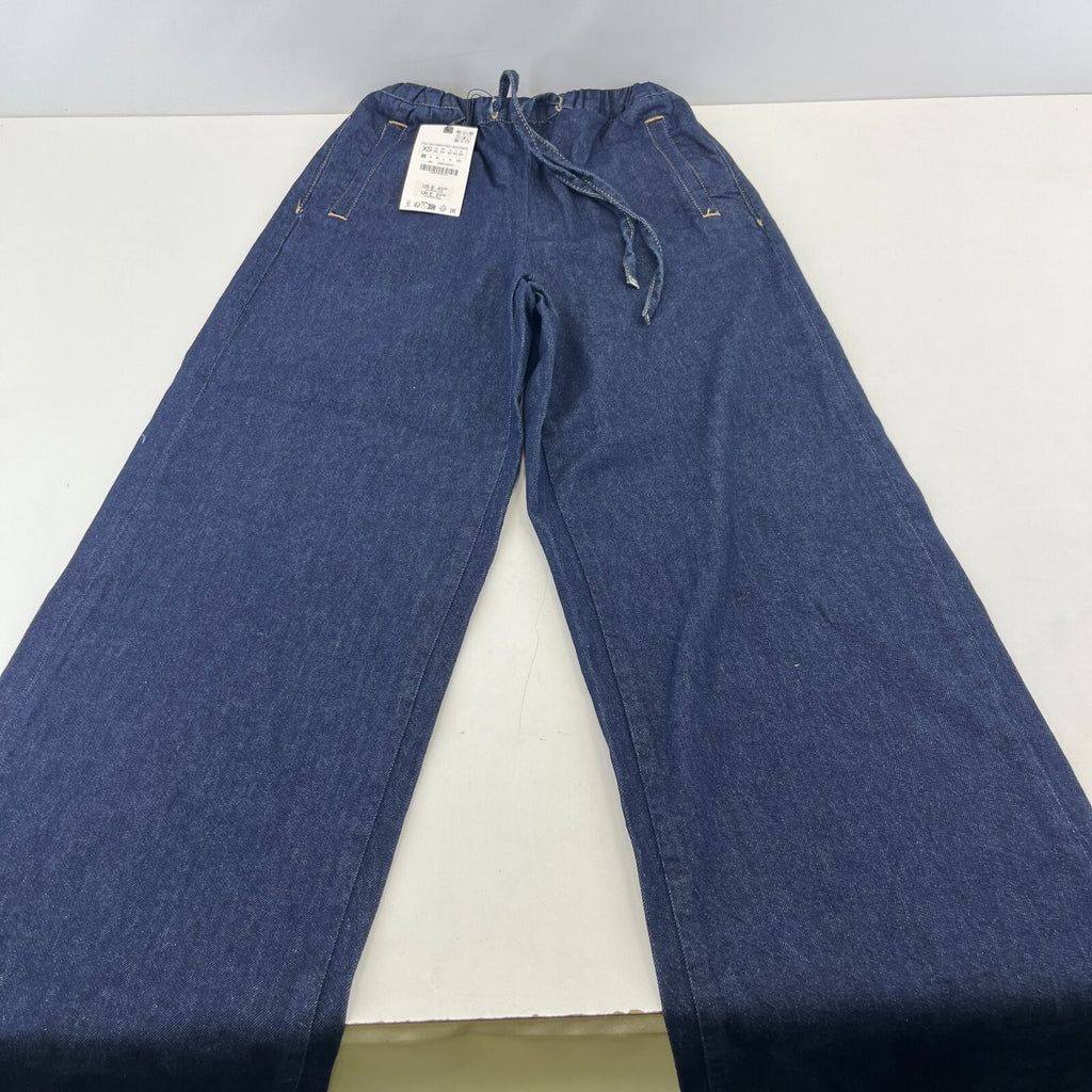 Zara Wide Leg Flared Denim Jeans Dark Blue Elasticated Tie Waist - size XS