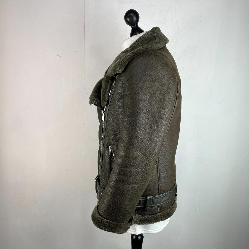 Zara Brown Faux Shearling Fur Lined Jacket Aviator Brown with Belt size Medium