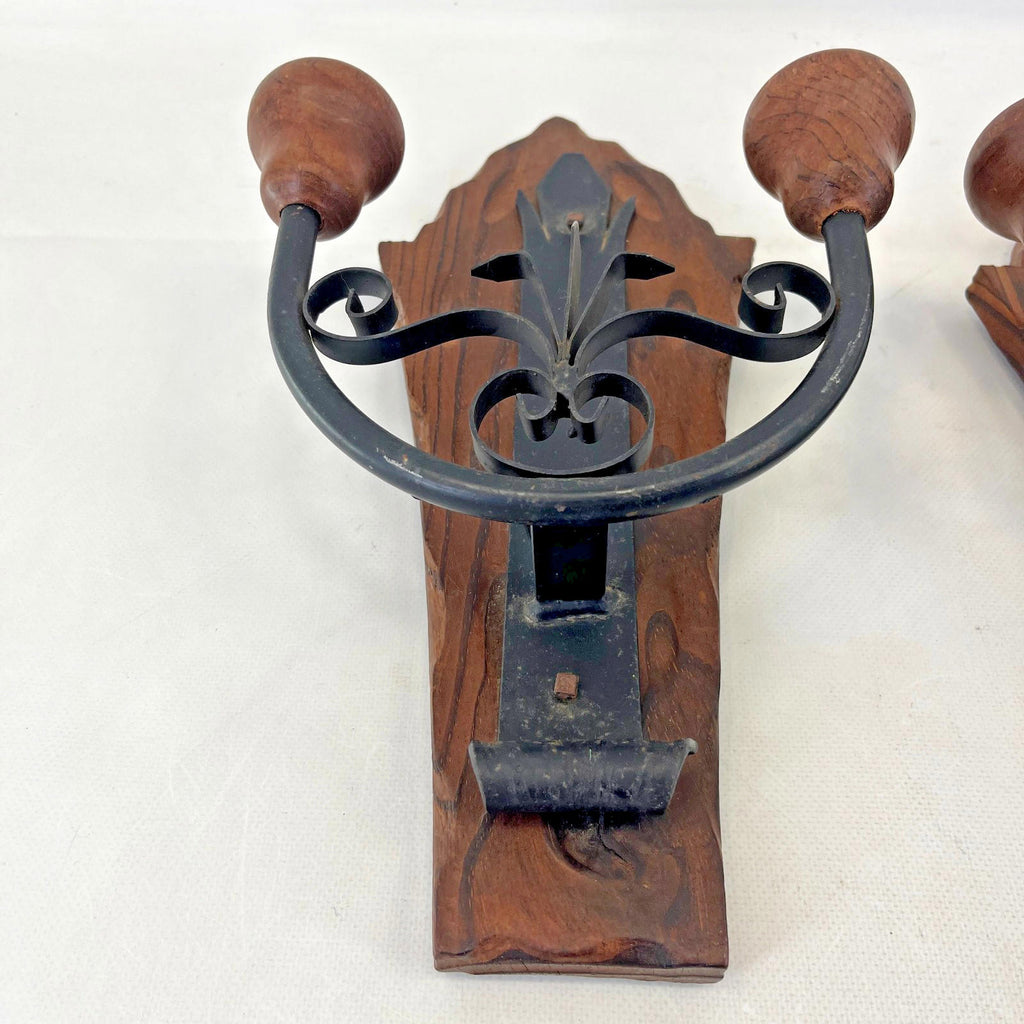 Pair of Vintage Double Sconce Wall Lights Gothic Metal & Wood 14" Two Arm
