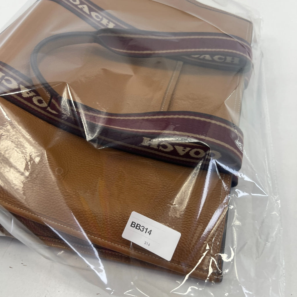 Coach Smith Tote Bag CM716 Tan Pebbled Leather Burgundy Logo Strap