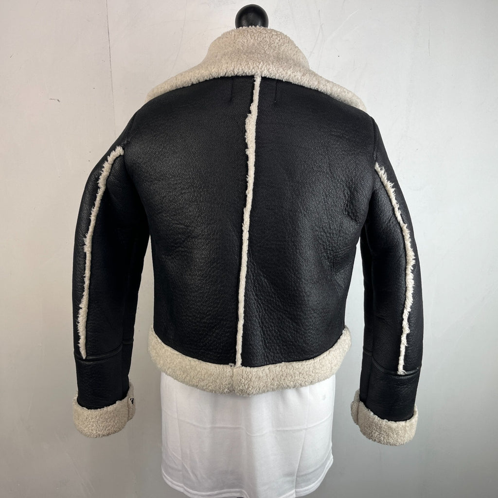 Stradivarius Double Faced Black Cropped Leather Look Aviator Jacket size Small