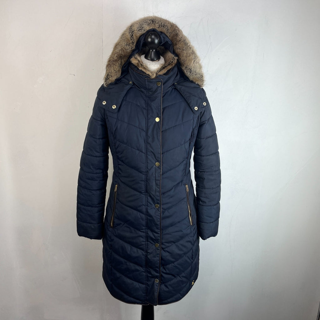 Joules Warm Welcome Long Quilted Jacket Navy Blue with Faux Fur Fringe size 14