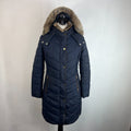 Joules Warm Welcome Long Quilted Jacket Navy Blue with Faux Fur Fringe size 14