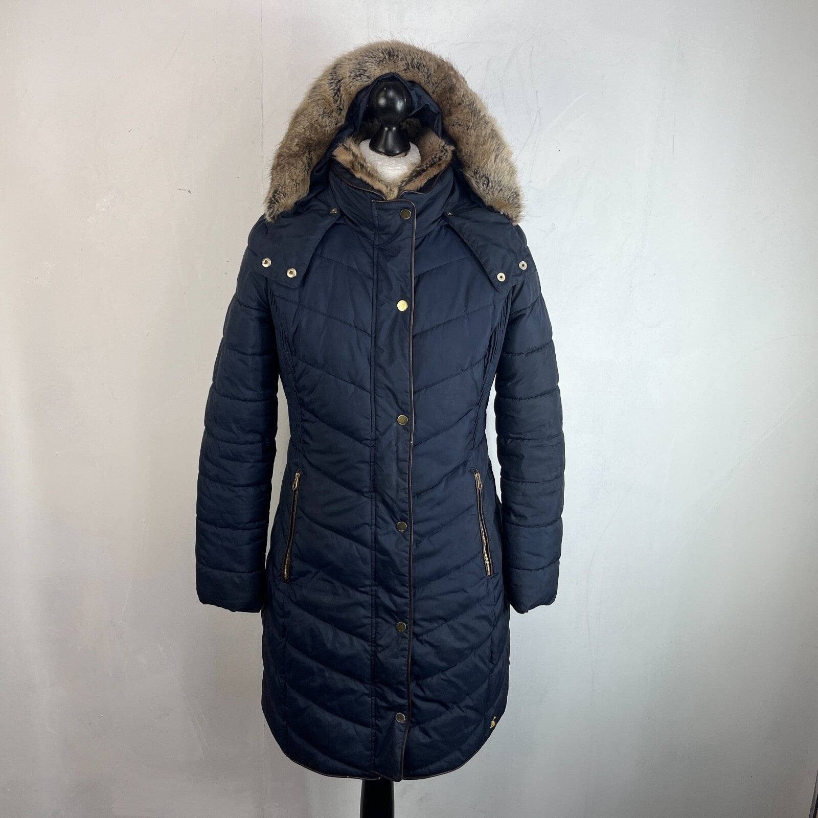 Joules Warm Welcome Long Quilted Jacket Navy Blue with Faux Fur Fringe size 14