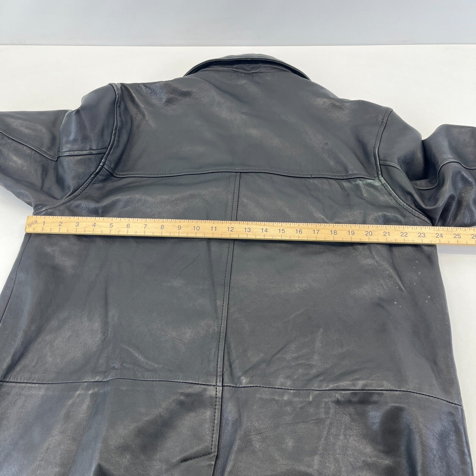 CG Collections Men's Leather Overcoat Jacket Black size Large Spread Collar