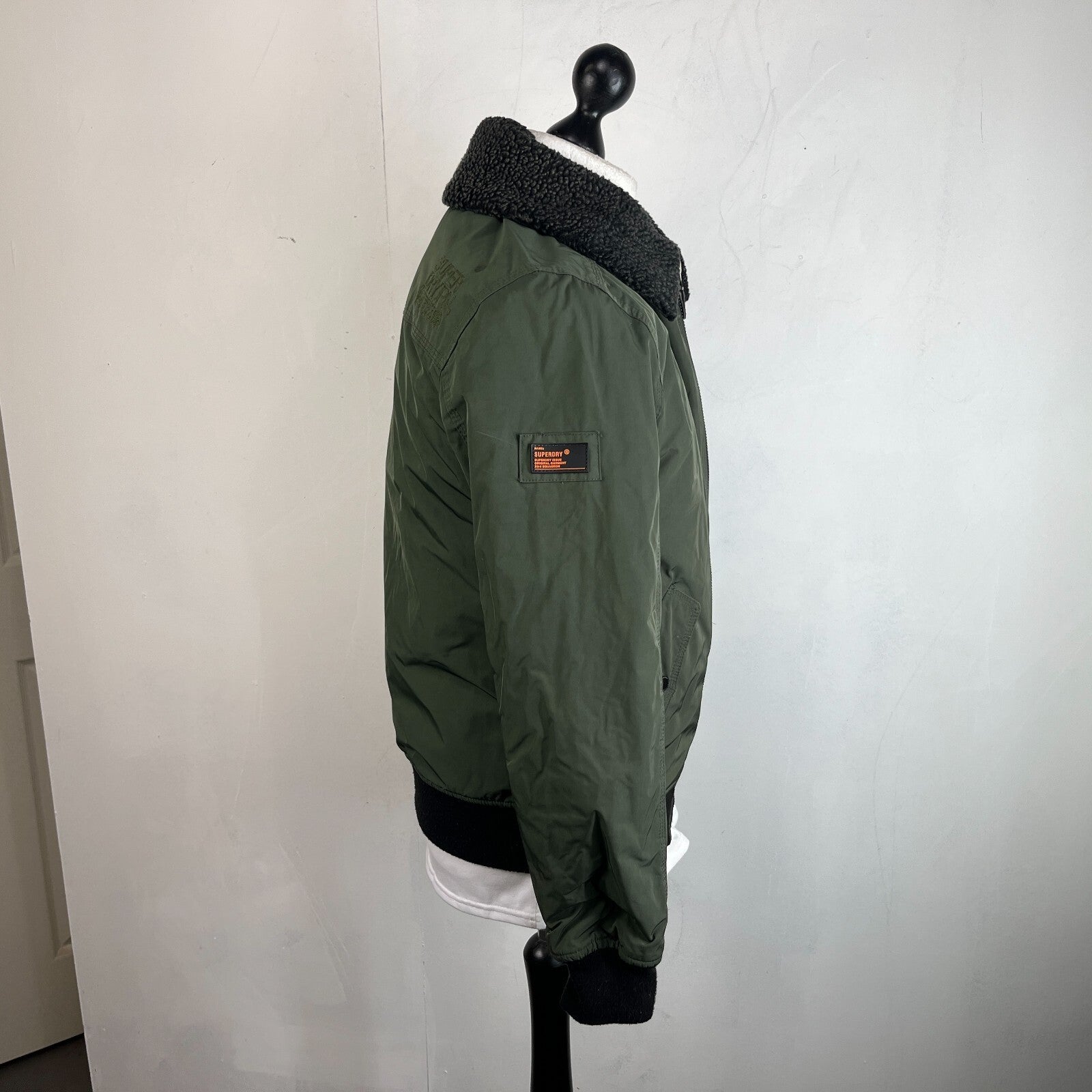 SuperDry 23rd Squadron Aviator Bomber Jacket Dark Green w/ Sherpa Collar size L