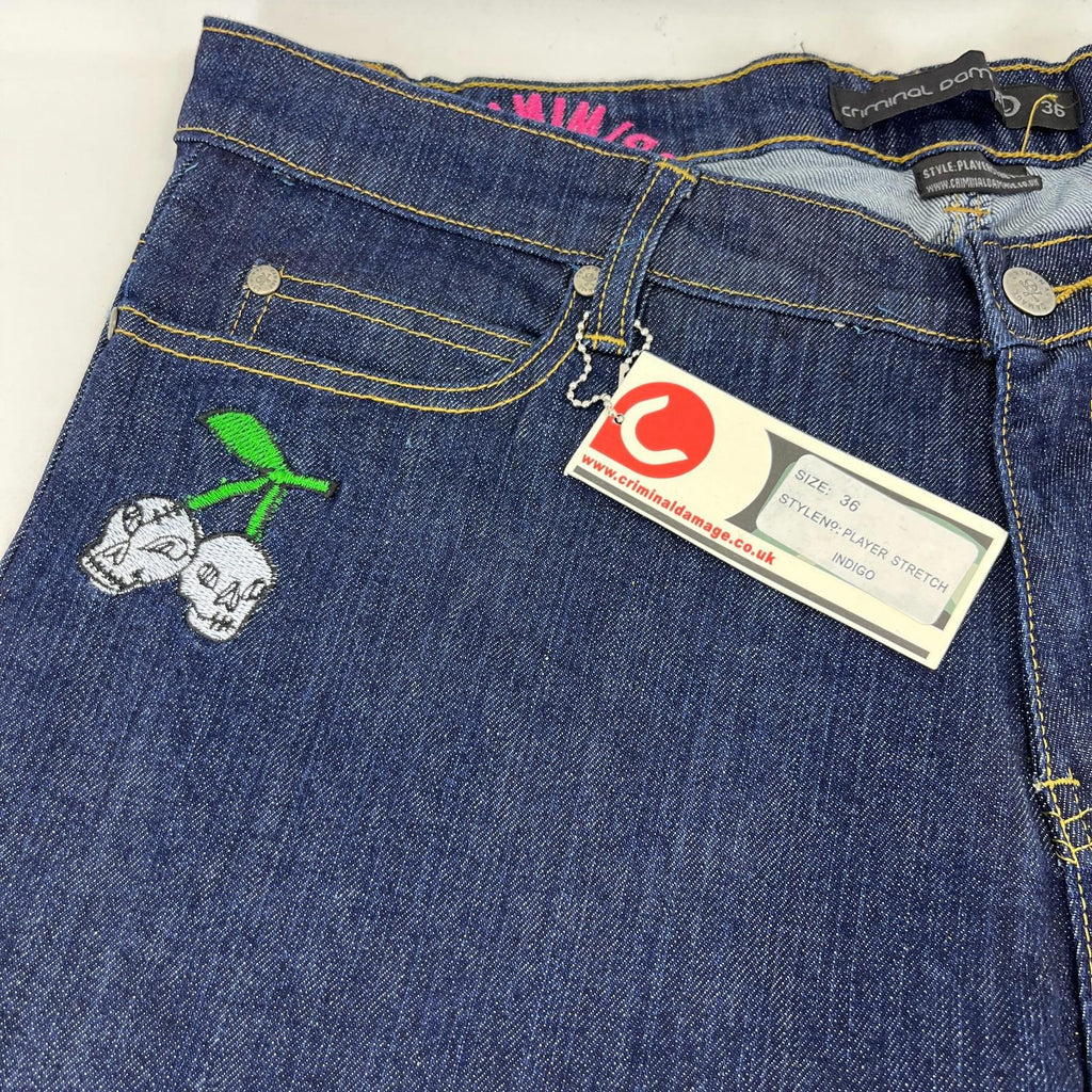 Criminal Damage Player Stretch Jeans Tapered Dark Blue 100% Cotton Denim W36 L32