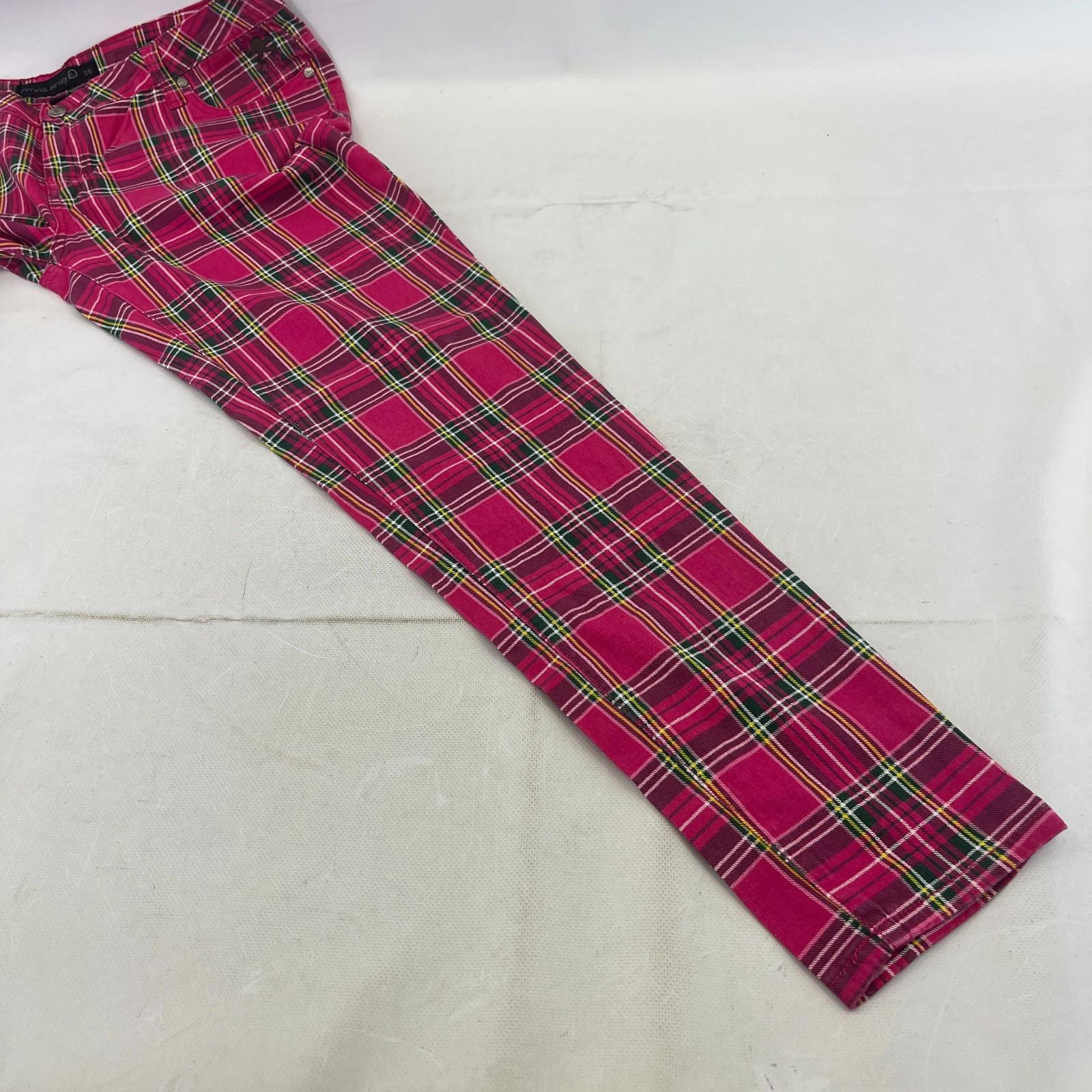 Criminal Damage Women's Pink Tartan Jeans Tapered Stretch Waist 36"