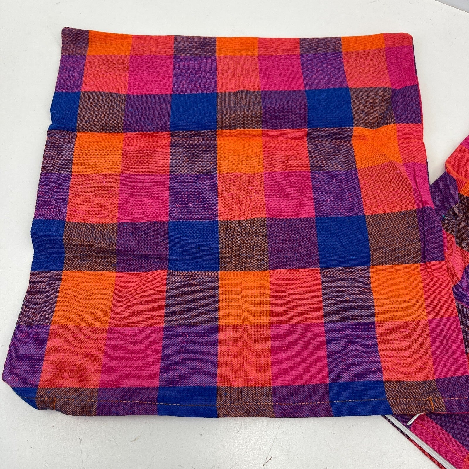 2x RSW 100% Cotton Cushion Pillow Covers Orange/Pink/Purple Check 38cm x 38cm