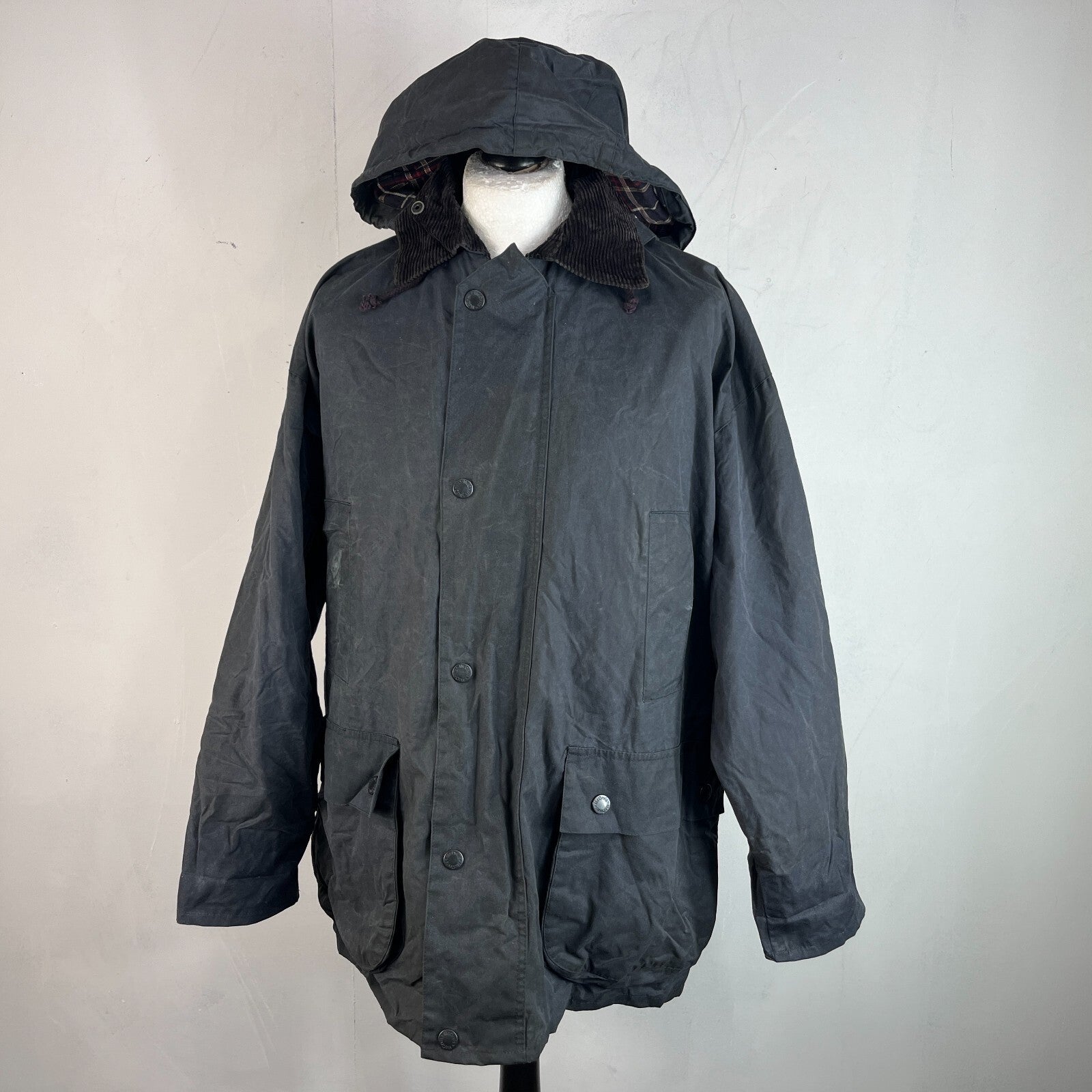 Mc Orvis Wax Jacket Mens size M Black Waxed Coat with Hood Made in the UK