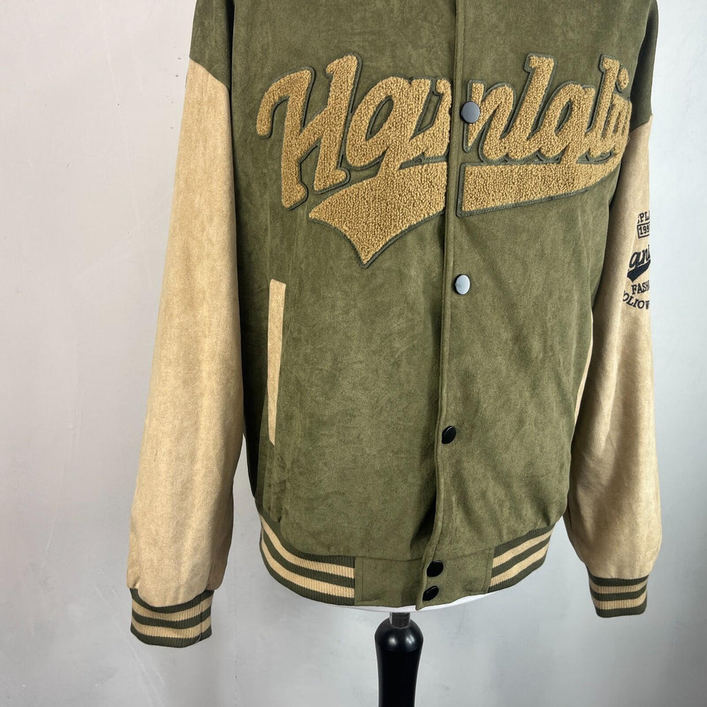 Women's Flock Varsity Jacket 80s College Style Green & Beige size XL