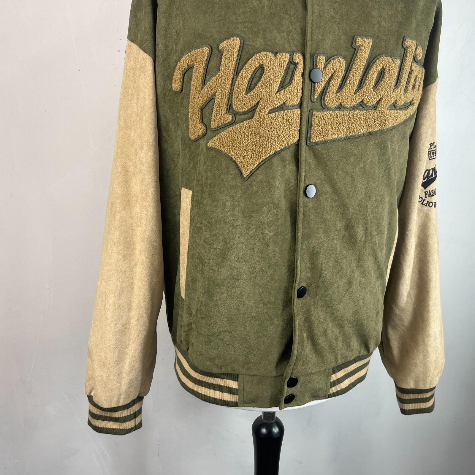 Women's Flock Varsity Jacket 80s College Style Green & Beige size XL