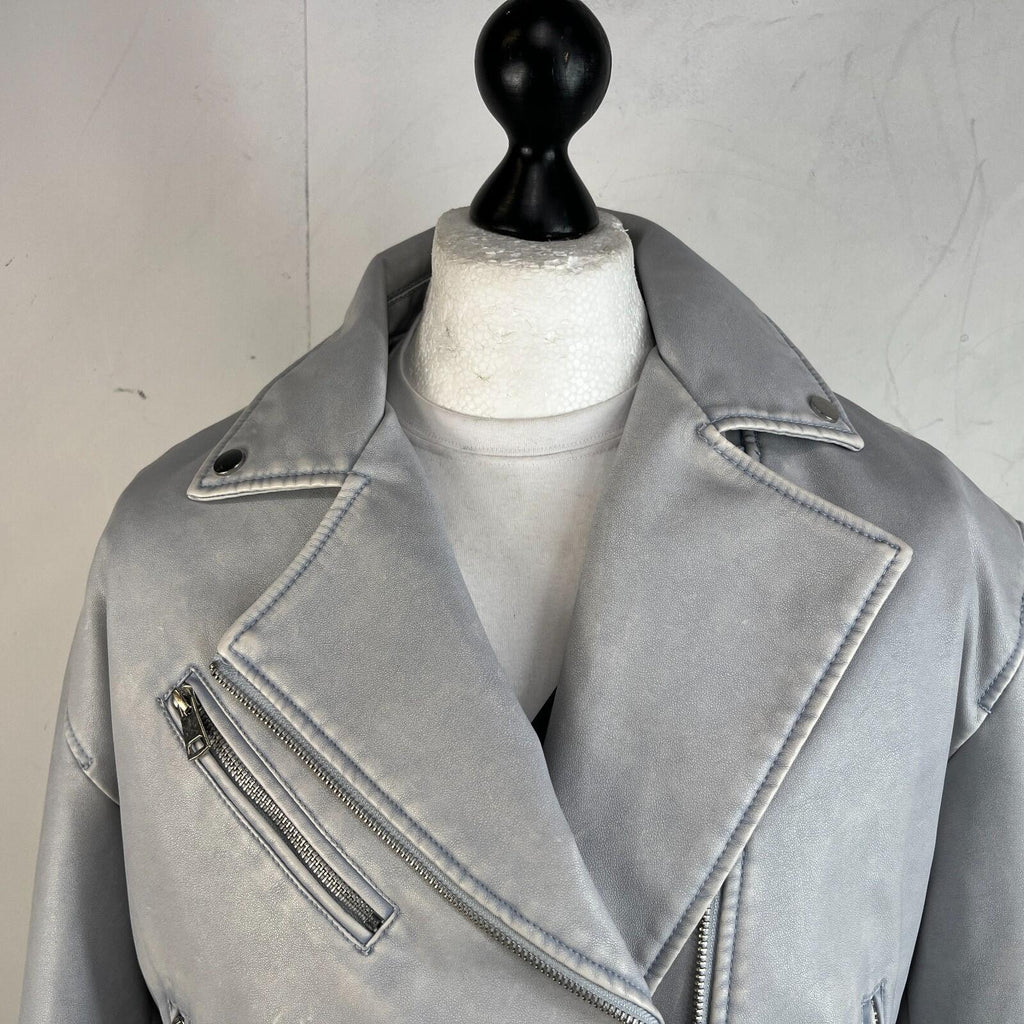 Rita Ora Light Grey Faux Leather Biker Jacket with Belt size 10/12