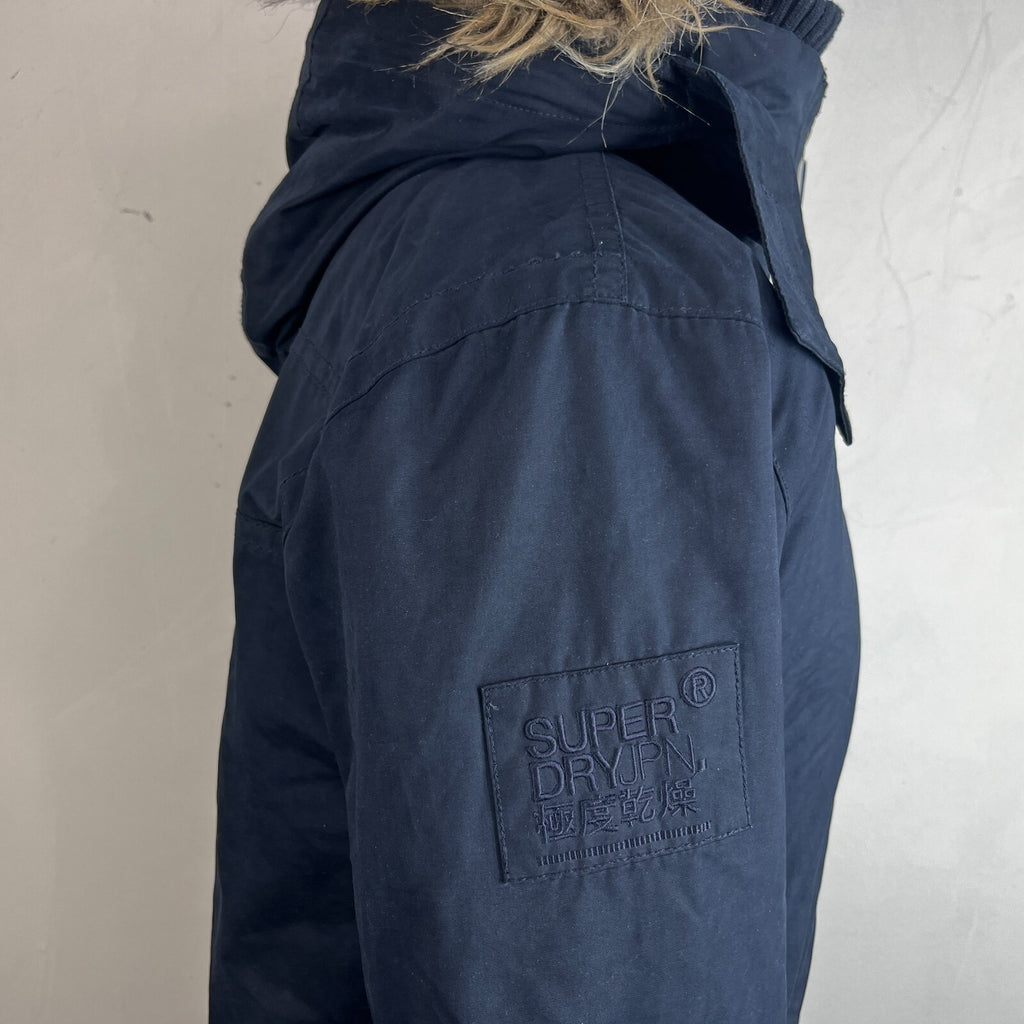 SuperDry Mens Windbomber Bomber Jacket size Large Hooded in Navy Blue Microfibre