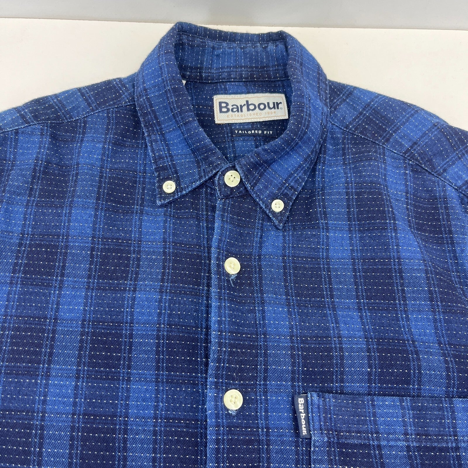 Barbour Men's Blue Check Flannel Shirt Button Up Long Sleeve - UK size M